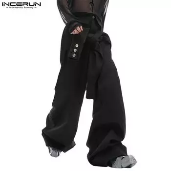INCERUN Men Fake Two-piece Bandage Zipper Waist Casual Straight Pants Long Trousers XL чёрный