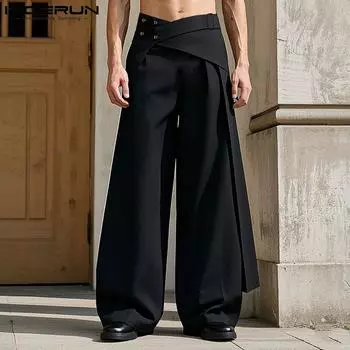 INCERUN Men Front Cross Zip-up Waist Casual Long Straight Pants Trousers L чёрный
