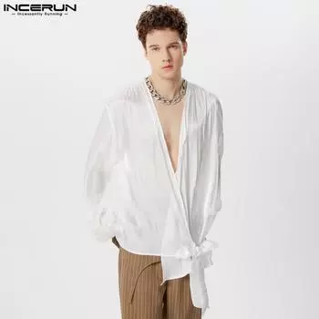 INCERUN Мужские блестящие рубашки с длинным рукавом, элегантные топы с V-образным вырезом и оборками S белый