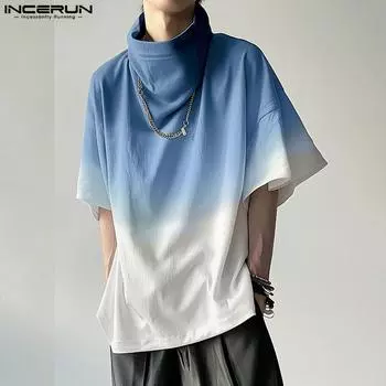 INCERUN Men Gradient High Cowl Neck Half Sleeve Tops Oversized Loose T-shirts