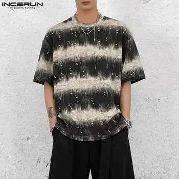 INCERUN Мужские градиентные полосатые топы с коротким рукавом повседневные свободные футболки большого размера M чёрный