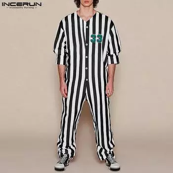 INCERUN Men Half Sleeve Buttons Striped Jumpsuit Long Rompers Overalls M чёрный