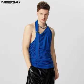 INCERUN Men Halter Irregular Neck Sleeveless Tops Solid Color Ruffled Tanks S чёрный
