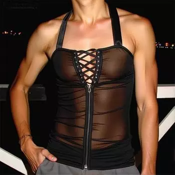 INCERUN Men Halter Neck Sleeveless Mesh Sheer Bandage Club Tank Tops S