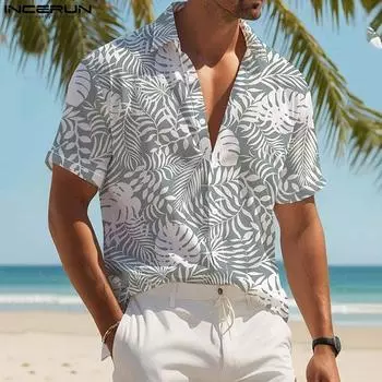 INCERUN Мужские рубашки с коротким рукавом и гавайским цветочным принтом, повседневные топы на пуговицах S зелёный