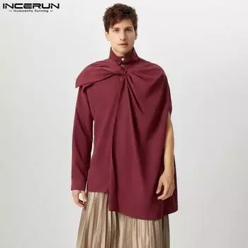 INCERUN Men High Collar Bow Tie Shirts Casual Buttons Irregular Layers Tops 2XL чёрный