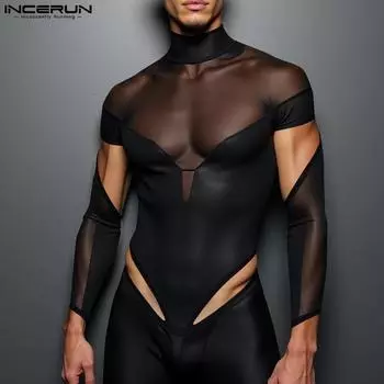 INCERUN Мужские боди с высоким воротом и вырезом, с длинными рукавами, сетчатые облегающие трусы, комбинезоны S