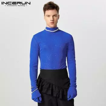 INCERUN Мужские перчатки с высоким воротом, длинные рукава, блестящая сетка, прозрачные топы, футболки для вечеринок и клуба S