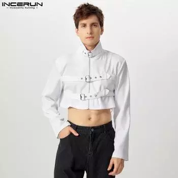 INCERUN Men High Neck Long Sleeve Adjustable Belt Casual Cropped Jackets Zipper Coats 2XL чёрный