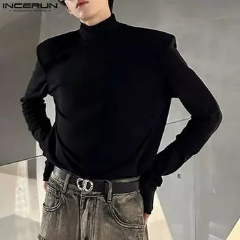 INCERUN Men High Neck Long Sleeve Casual Fitted T-shirts Undershirts 4XL чёрный