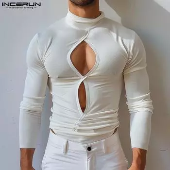 INCERUN Men High Neck Long Sleeve Hollow Out Rib Tops Casual Undershirts M чёрный