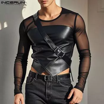 INCERUN Men High Neck Long Sleeve PU Patchwork Mesh Sheer Irregular Party T-shirts 4XL