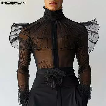INCERUN Men High Neck Long Sleeve Ruffled Mesh Sheer Shirts Tops 2XL