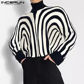 INCERUN Men High Neck Long Sleeve Striped T-Shirts Casual Patchwork Tops S розовый