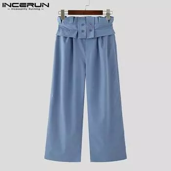 INCERUN Men High Ruffled Waist Zipper Solid Casual Long Pants Trousers Pockets S чёрный