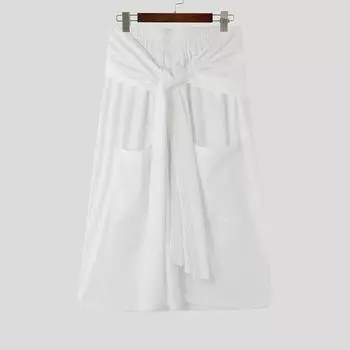 INCERUN Men High Waist Belt Front Pockets Splits Semi-Sheer Kilt Skirts S белый