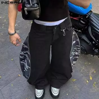 INCERUN Men High Waist Side Zipper Camouflage Patchwork Casual Baggy Long Pants S вино красного