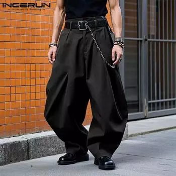 INCERUN Мужские брюки с высокой талией, на молнии и пуговицах, свободные, повседневные, мешковатые, длинные чёрный