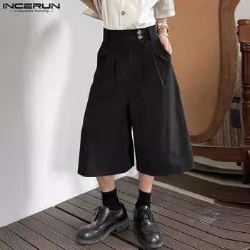 INCERUN Men High Waist Zipper Solid Casual Loose Straight Capri Pants 3XL чёрный