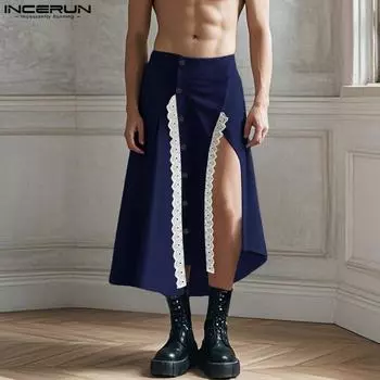 INCERUN Men High Wasit Buttons Lace Hem Long Irregular Splits Swing Pleated Kilt Skirts 3XL серый