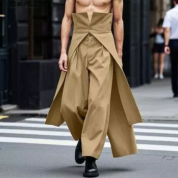 INCERUN Men High Zip-up Waist Layers Solid Color Casual Long Straight Pants XL чёрный