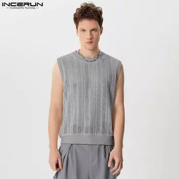 INCERUN Мужские ажурные кружевные безрукавки, летние сетчатые топы без рукавов бежевый