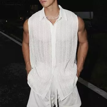 INCERUN Мужские топы без рукавов с вырезом, летние, прозрачные, кружевные, вязаные крючком, пуговицы, жилет S белый