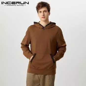 INCERUN Men Hoodies Long Sleeve Lace Hem Casual Hooded Sweatshirts S чёрный