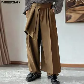 INCERUN Men Irregular Layers Zipper Waist Long Trousers Loose Casual Straight Pants 2XL чёрный