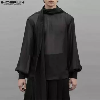 INCERUN Men Lace Bow Tie Long Sleeve See Through Shirt Party Mesh Sheer Tops S