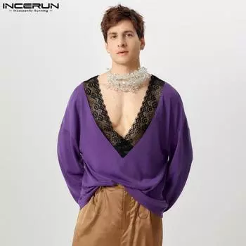 INCERUN Men Lace Deep V Neck Long Sleeve Stitching Pullovers Tops S чёрный