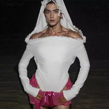 INCERUN Men Lace Hem Long Sleeve Big Hooded Jumpsuits Rompers S серый