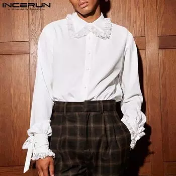 INCERUN Men Lace Lapel Neck Puff Long Sleeve Shirts Casual Buttons Tops M чёрный