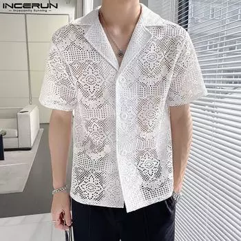 INCERUN Мужские кружевные топы с вырезом на лацкане и сеткой, вязанные крючком, с коротким рукавом S чёрный