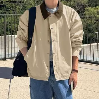INCERUN Men Lapel Collar Buttons Up Casual Stitching Jackets Cargo Coats S фиолетовый