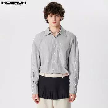 INCERUN Men Lapel Collar Long Sleeve Button Up Striped Shirts