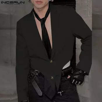 INCERUN Men Lapel Collar Long Sleeve Button Irregular Short Blazer Casual Thin Coats 3XL чёрный