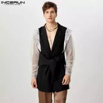 INCERUN Men Lapel Collar Sleeveless Blazer Casual Lace Hem Bandage Waistcoats M вино красного