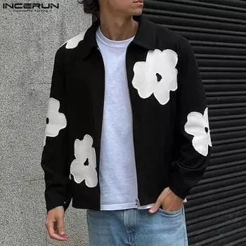 INCERUN Men Lapel Collar Zipper Up Casual Floral Stitching Jackets Coats L синий