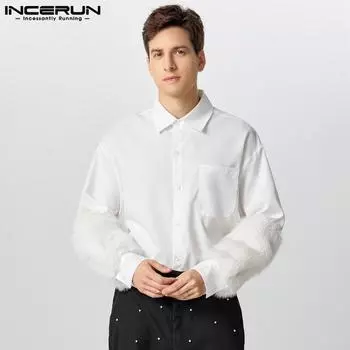 INCERUN Men Lapel Fleece Patchwork Long Sleeve Shirts Casual Buttons Tops S белый