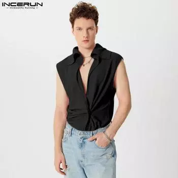 INCERUN Мужские топы без рукавов с V-образным вырезом спереди и лацканами 4XL чёрный