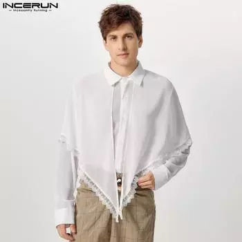 INCERUN Men Lapel Lace Hem Shirts Long Sleeve Buttons Layers Irregular Short Tops L чёрный