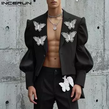 INCERUN Men Lapel Long Puff Sleeve Lace Crochet Patchwork Party Blazer Short Coats XL чёрный