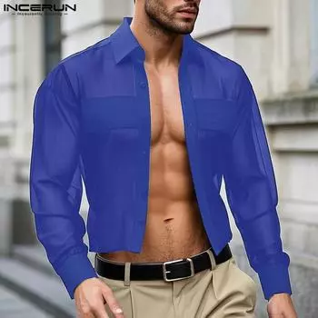 INCERUN Men Lapel Long Sleeve Buttons Front Mesh Sheer Short Shirts Tops M чёрный