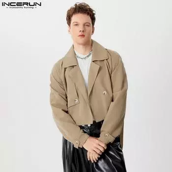 INCERUN Men Lapel Long Sleeve Cropped Cool Short Coat Windbreaker Jackets S чёрный