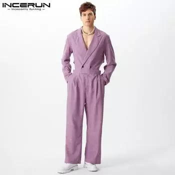 INCERUN Men Lapel Long Sleeve Cutout Elastic Waist Long Jumpsuits Rompers S чёрный