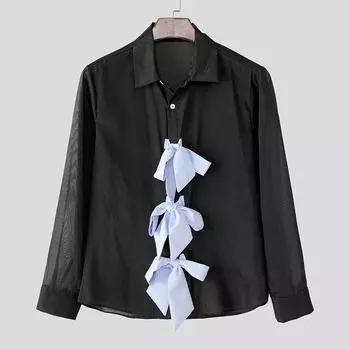 INCERUN Men Lapel Long Sleeve Front Bow Knot Semi-Sheer Casual Loose Shirts S