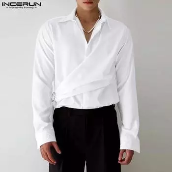 INCERUN Men Lapel Long Sleeve Front Cross Patchwork Buttons Casual Shirts 4XL чёрный
