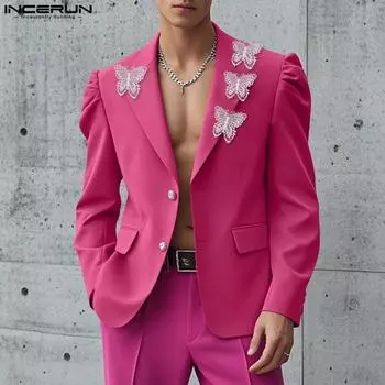 INCERUN Men Lapel Long Sleeve Lace Crochet Party Blazer Patchwork Thin Coats L синий