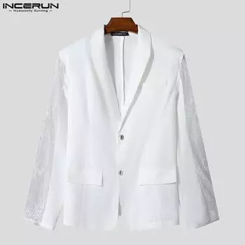 INCERUN Men Lapel Long Sleeve Lace Crochet Patchwork Party Blazer Coats S чёрный